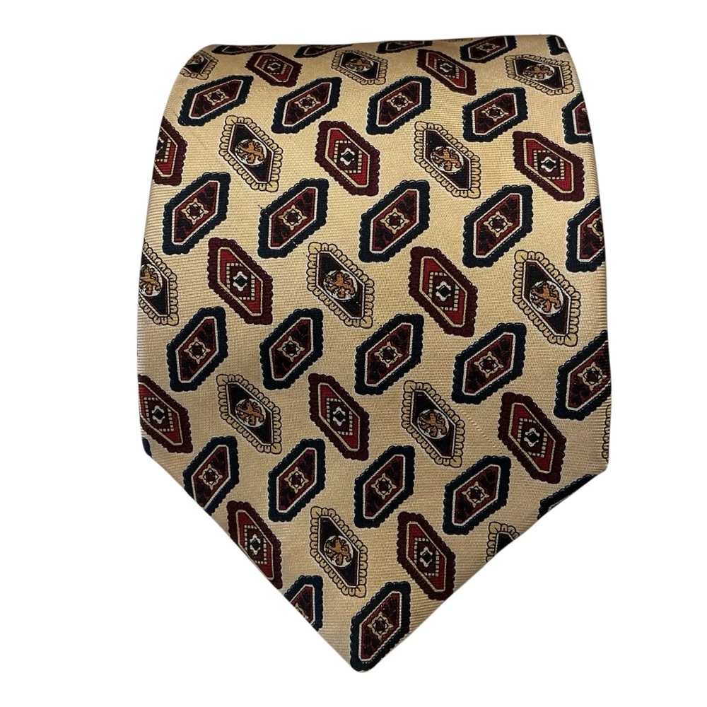 Vtg Tommy Hilfiger USA neck tie silk gold navy geometric diamond print tie